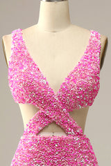 Pretty Prom Dress, Fuchsia Sequined V-Neck Cut Out Prom Dress