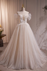 Wedding Dress Short Bride, Charming Ivory A-Line Ball Gown Tulle Long Wedding Dresses
