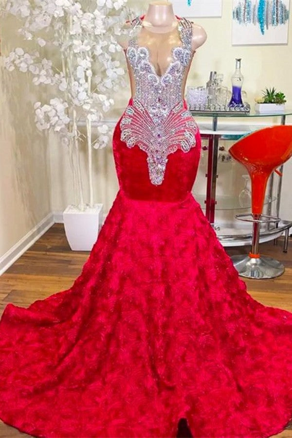 Bridesmaid Dress Colorful, Charming Long Mermaid Jewel Satin Beading Prom Dress Red Formal Gowns