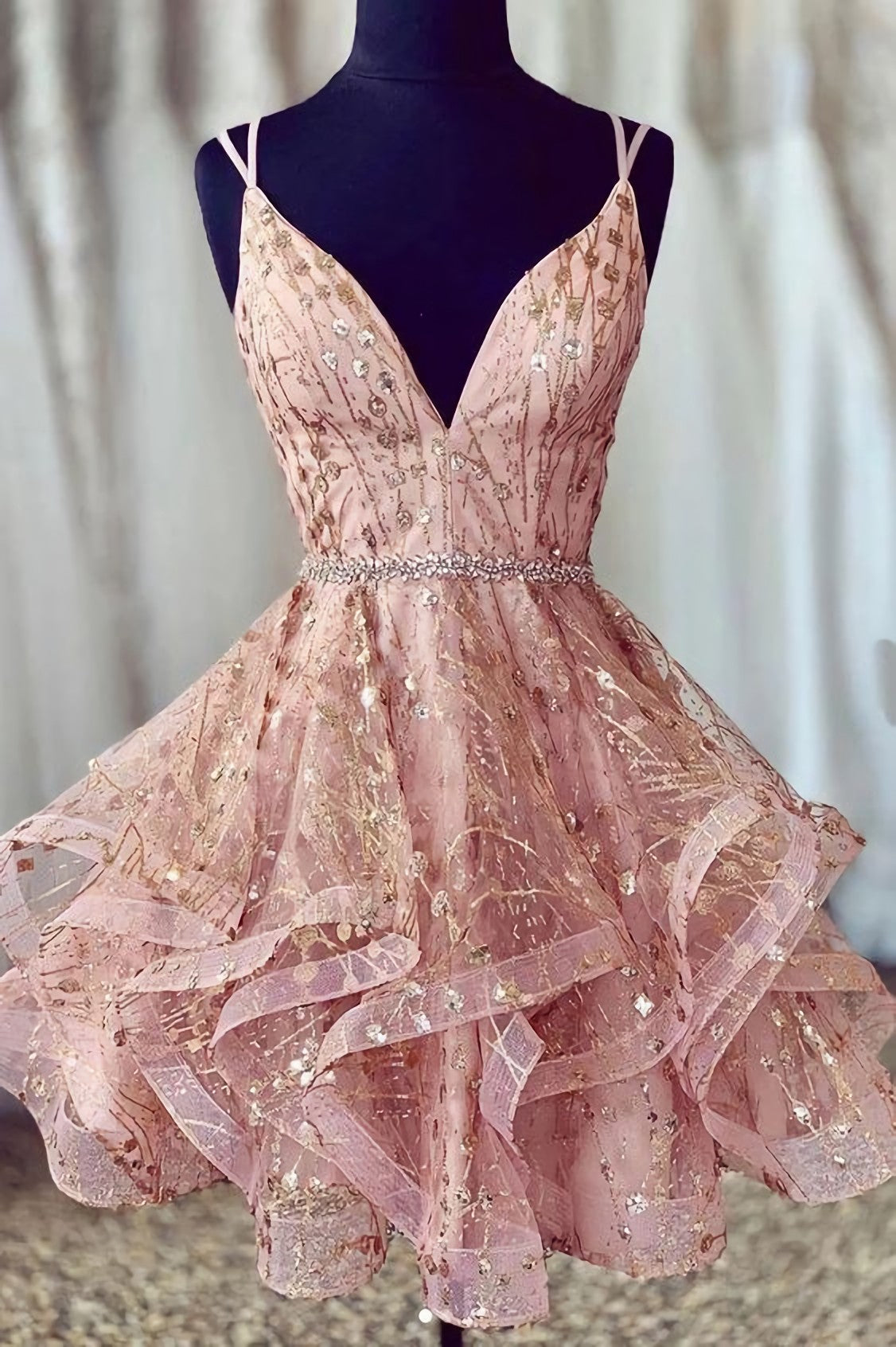 Party Dress Halter Neck, Cheap A Line Spaghetti Straps Lace Up V Neck Pink Homecoming Dress, With Sequins