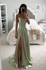 Chic A-Line Tie Straps Long Satin Prom Party Dress With Split