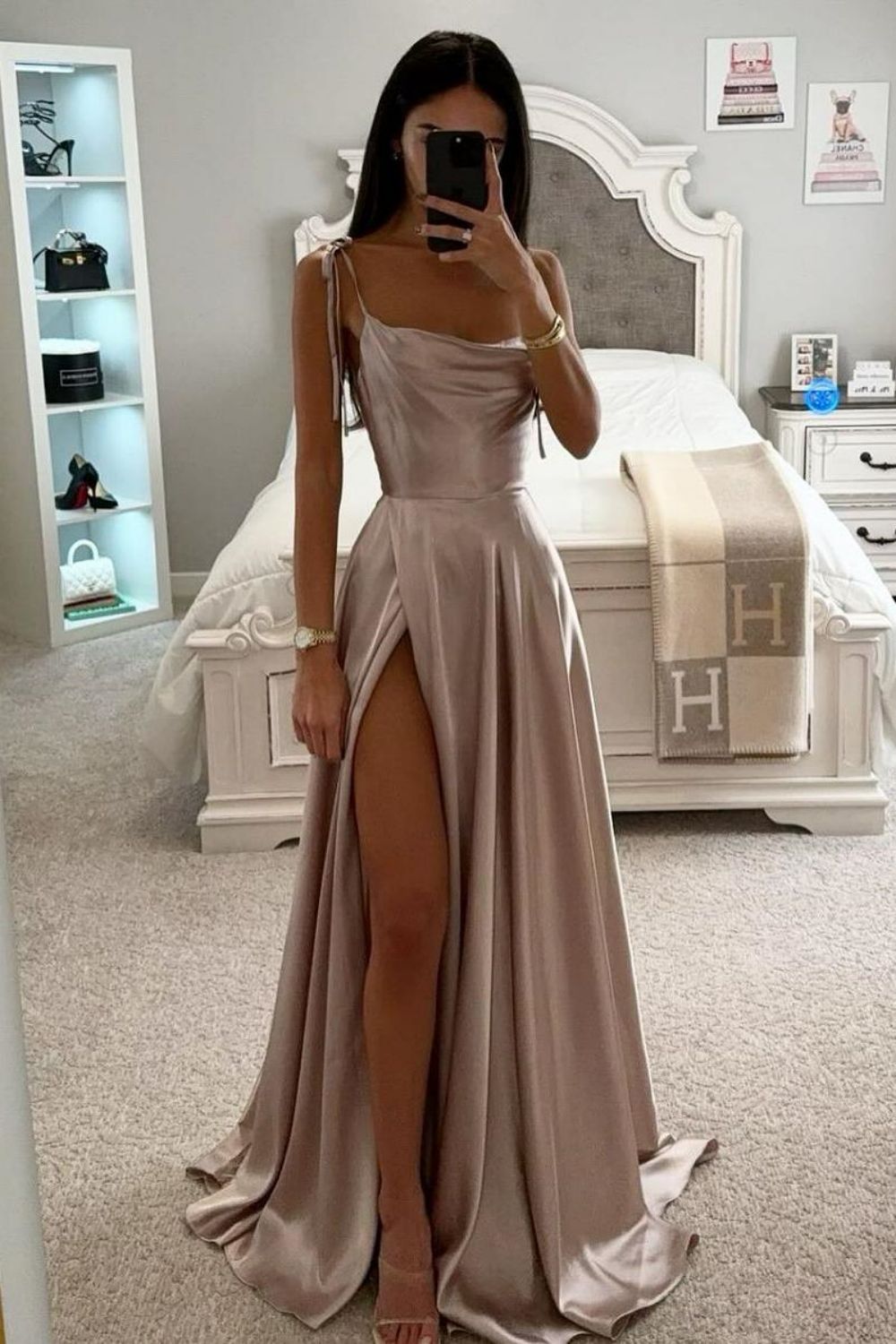 Chic A-Line Tie Straps Long Satin Prom Party Dress With Split