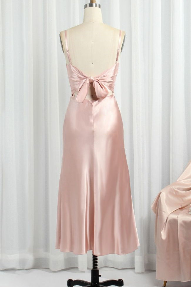 Party Dresses Long Dress, Classic Pink Spaghetti Straps Midi Party Dresss