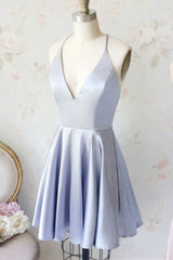 Prom Dresses Shorts, Cute Light Blue V Neck Satin Short Light Blue Homecoming Dresses