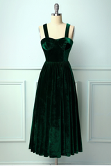 Formal Dresses Vintage, Straps Dark Green Velvet Dress