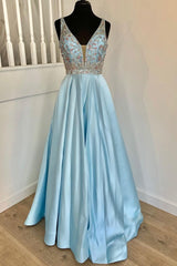 Bridesmaides Dresses Blue, Elegant Light Blue A-line Beaded Long Prom Dress