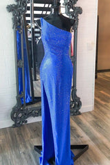 Corset Prom Dress, One Shoulder Mermaid Royal Blue Long Formal Dress
