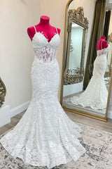 Wedding Dresses Romantic, Mermaid White Lace Long Wedding Dress