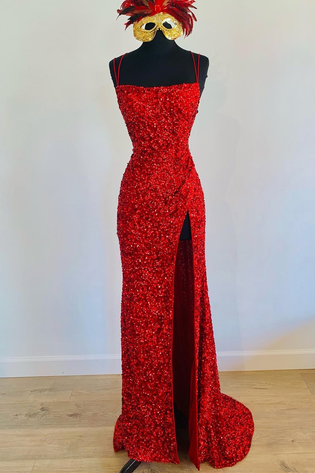 Formal Dresses For Black Tie Wedding, Mermaid Red Sequin Long Prom Dress with Slit