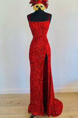 Formal Dresses For Black Tie Wedding, Mermaid Red Sequin Long Prom Dress with Slit