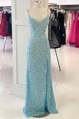 Homecomeing Dresses Short, Tiffany Blue Sequin Mermaid Long Formal Dress