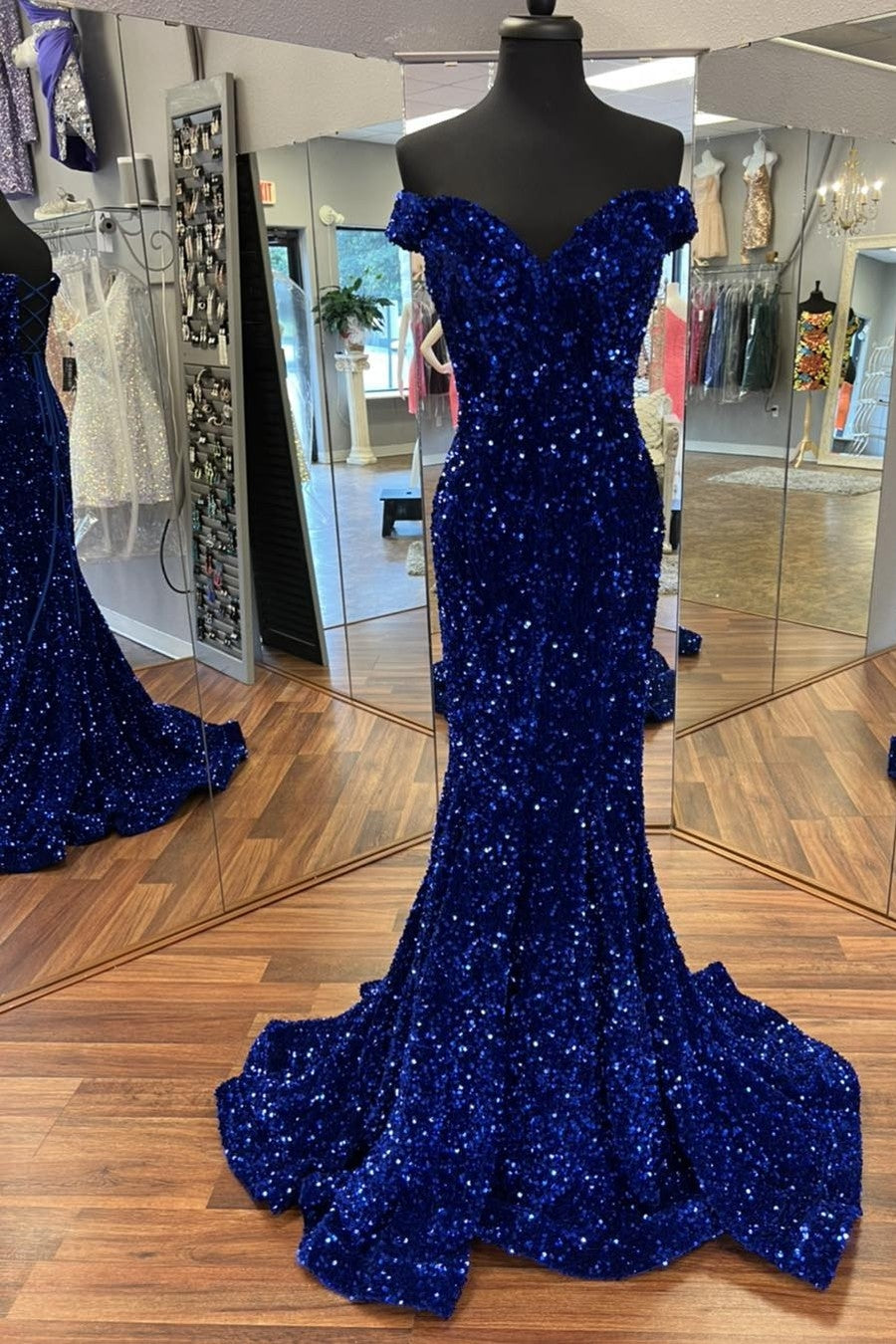 Prom Dress Ideas, Off the Shoulder Royal Blue Sequins Mermaid Long Formal Dress