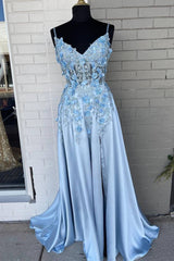 Engagement Dress, Light Blue A-line 3D Flowers Satin Long Prom Dress