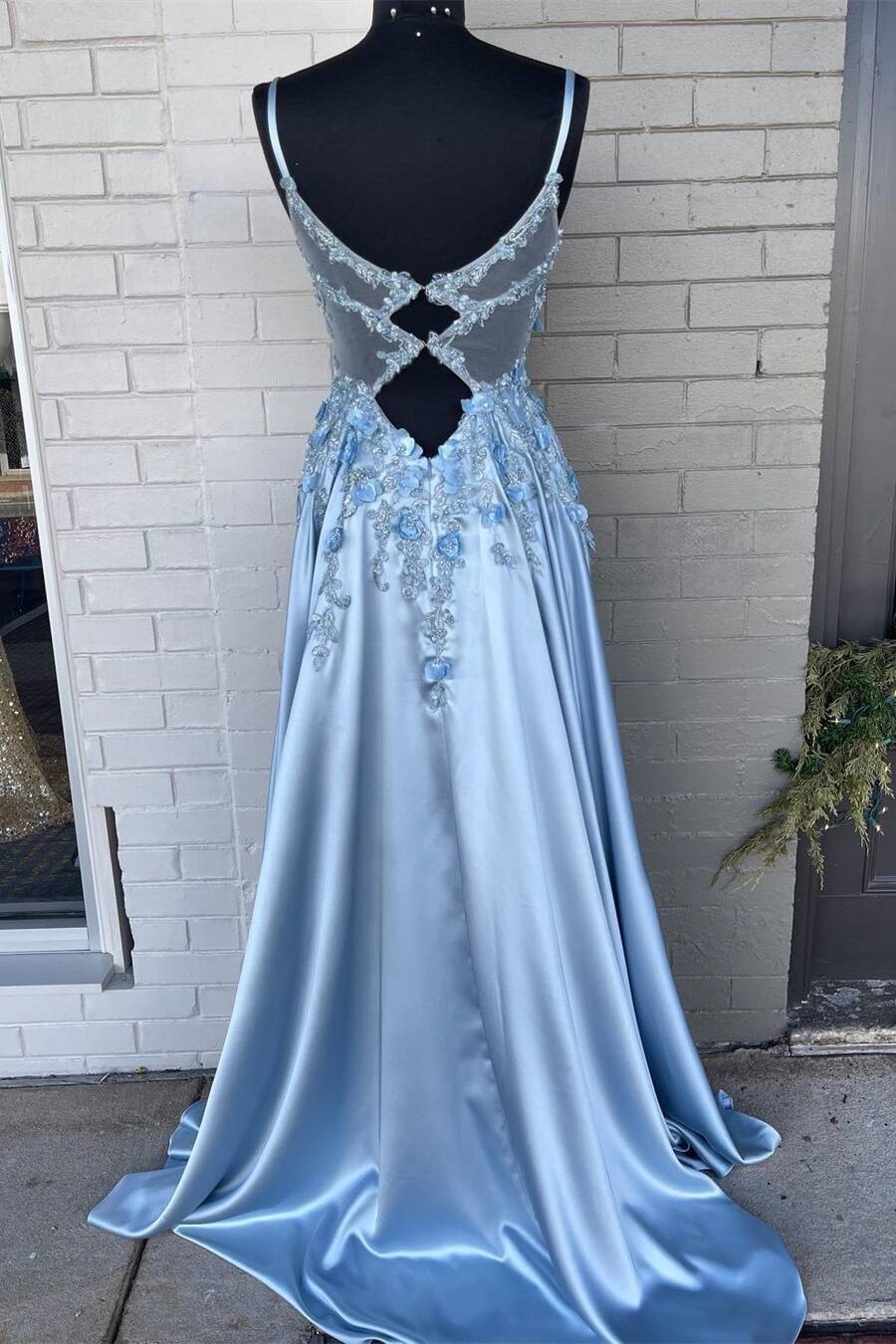 Dress Design, Light Blue A-line 3D Flowers Satin Long Prom Dress