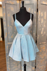 Bridesmaid Dress Dusty Blue, Chic Spaghetti Straps A Line Short Homecoming Dresses