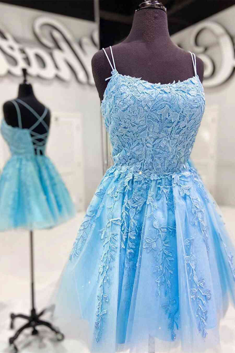 Party Dress Lady, Blue A-line Spaghetti Straps Lace Short Prom Dresses, Homecoming Dresses