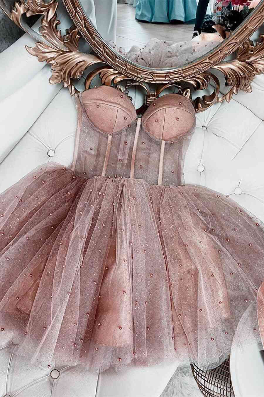 Prom Dress 3 11 Sleeves, A-line Dusty Rose Sleeveless Tulle Short Homecoming Dresses