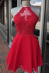 Dark Red Dress, Halter Red Chiffon Appliques Beading Short Homecoming Dresses