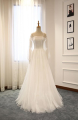 Wedding Dresses Colors, White A-Line Straps Long Sleeves Tulle Long Wedding Dresses