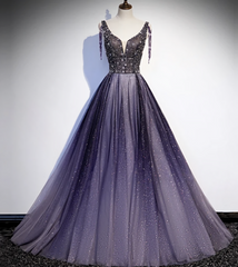 Prom Dress Styles, Charming Purple Gradient Tulle V Neckline Long Party Dress, A Line Prom Dress