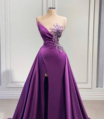 Wedding Dress Sleevs, Purple Mermaid Dress With High Slit Detachable Train Wedding Reception Dress, Satin Lace Wedding Dress, African Prom Dress, Evening Dress