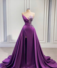 Weddings Dresses Fall, Purple Mermaid Dress With High Slit Detachable Train Wedding Reception Dress, Satin Lace Wedding Dress, African Prom Dress, Evening Dress