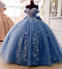 Prom Dress Long Quinceanera Dresses Tulle Formal Evening Gowns, Off Shoulder Ball Gown Quinceanera Dresses 3D Floral Applique Sweet 16 Gowns