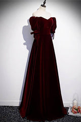 Party Dress, Modest Burgundy Long Prom Dresses with Short Sleeves Vintage Evening Gown