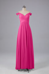 Party Dresses Pink, Elegant Chiffon Off The Shoulder Open Back Long Bridesmaid Dresses