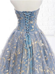 Evening Dresses Knee Length, Elegant A Line Blue Tulle Long Strapless Lace Up Gold Evening Dress, Prom Dresses, Js223