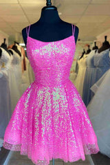 Prom Dresses 2032 Red, Cute Hot Pink Sequins A-Line Homecoming Dress Hoco Night Dresses