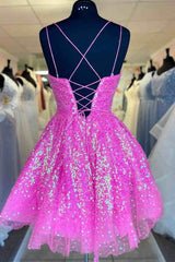 Prom Dress Tight Fitting, Cute Hot Pink Sequins A-Line Homecoming Dress Hoco Night Dresses