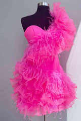 Bridesmaids Dresses Gold, Ruffled Tulle Shoulder Hot Pink Short Homecoming Dress with Feather