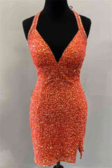 Bridesmaid Dresses Black, Halter Orange Sequins Bodycon Homecoming Dress with Tassel