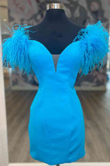 Bridesmaids Dress Short, Fitted Feather Shoulder Blue Tight Homecoming Dress