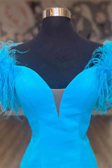 Bridesmaid Dress With Sleeve, Fitted Feather Shoulder Blue Tight Homecoming Dress