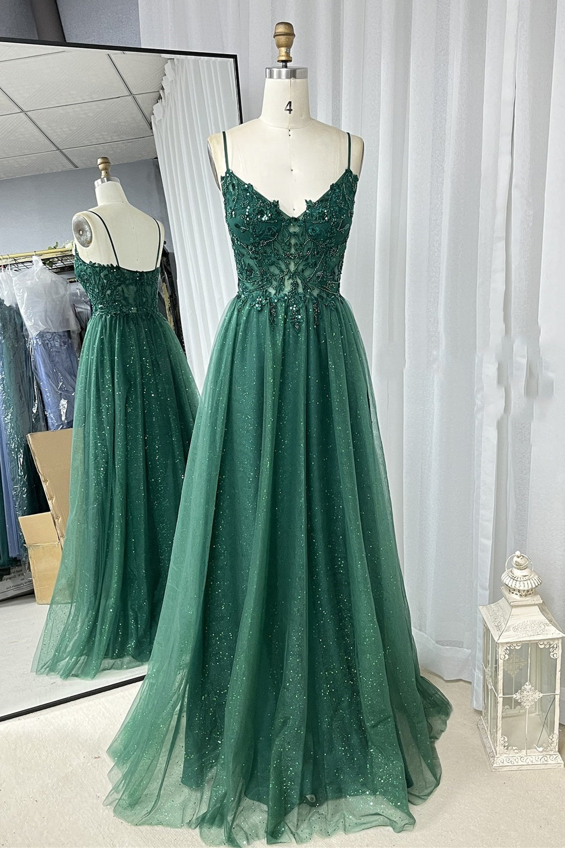 Wedding Pictures Ideas, Hunter Green A-line Beaded Applique Straps Tulle Long Prom Dress