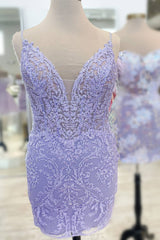 Bridesmaids Dresses Beach, Plunging Neck Lavender Embroidery Bodycon Homecoming Dress