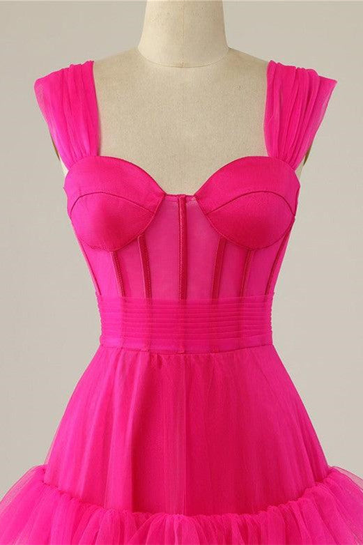 Midi Dress, Straps Hot Pink Ruffle Tiered Long Prom Dress