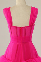 Simple Prom Dress, Straps Hot Pink Ruffle Tiered Long Prom Dress
