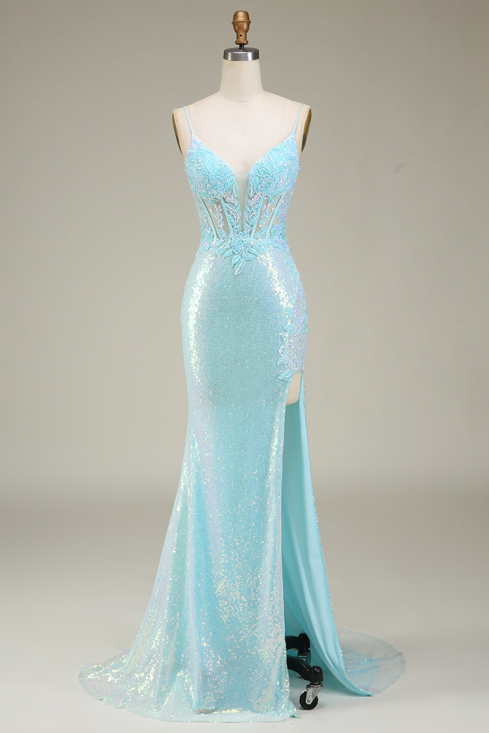 Ethereal Prom Dress, Sparkly Mermaid Spaghetti Straps Light Blue Prom Dress with Slit
