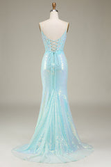 Prom Dresses Black Women, Sparkly Mermaid Spaghetti Straps Light Blue Prom Dress with Slit