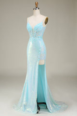 Prom Dress Black Women, Sparkly Mermaid Spaghetti Straps Light Blue Prom Dress with Slit