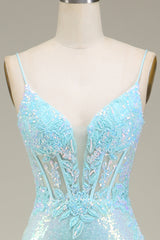 Prom Dresses Long, Sparkly Mermaid Spaghetti Straps Light Blue Prom Dress with Slit