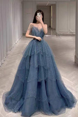 Prom Dresse 2022, Gorgeous Blue Sparkly Tulle Beaded Prom Dress, Tiered Formal Gown with Rhinestone