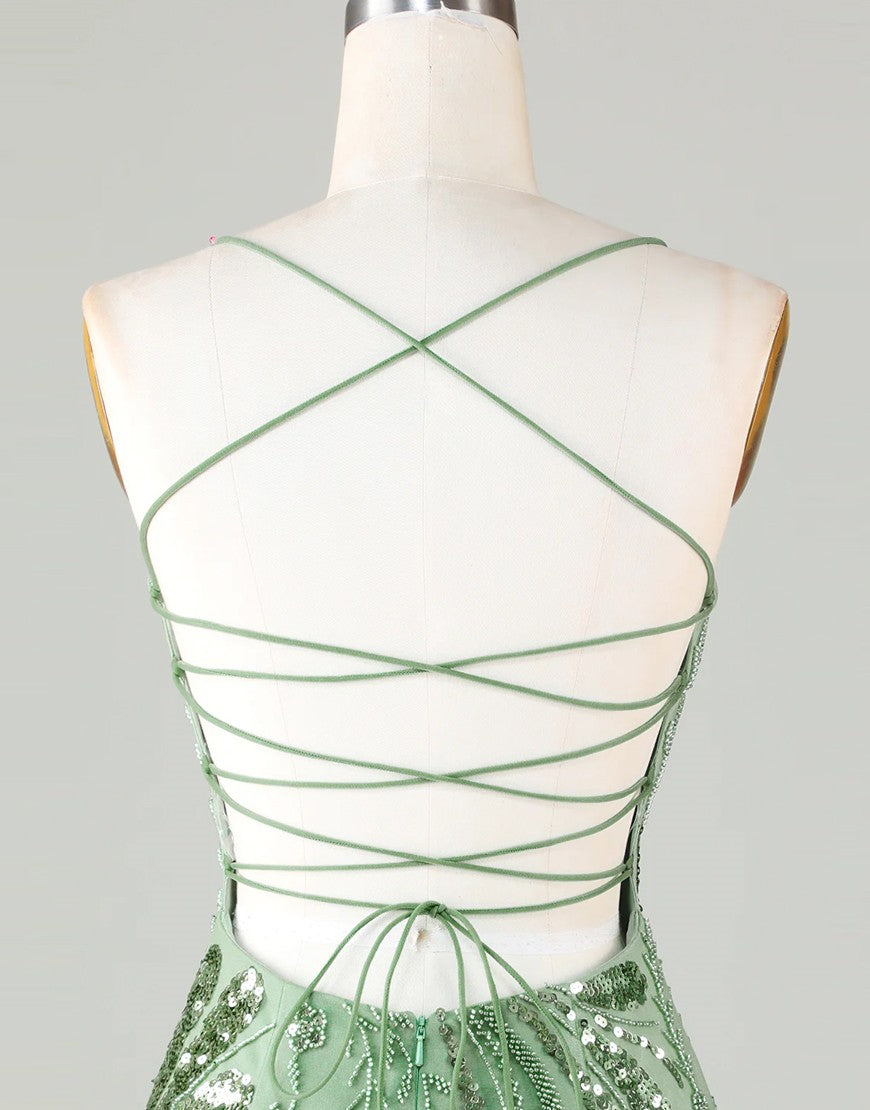 Prom Dresses 2019, Cute Green Spaghetti straps  Lace Up Sequined Homecoming Party Dress