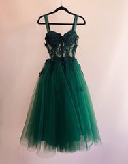 Evening Dresses Midi, Green Knee Length Straps Tulle Homecoming Dress With Appliques