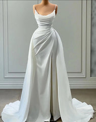 Wedding Dress And Shoes, Beautiful White Long A-line Spaghetti Straps Wedding Dresses With Beads