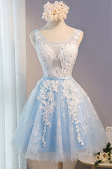 Party Dress Fall, Light Blue Tulle Lace Applique Short Homecoming Dresses with Straps
