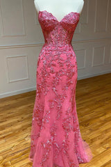 Bridesmaides Dresses Short, Coral Sweetheart Lace-Up Long Mermaid Prom Dress with Appliques